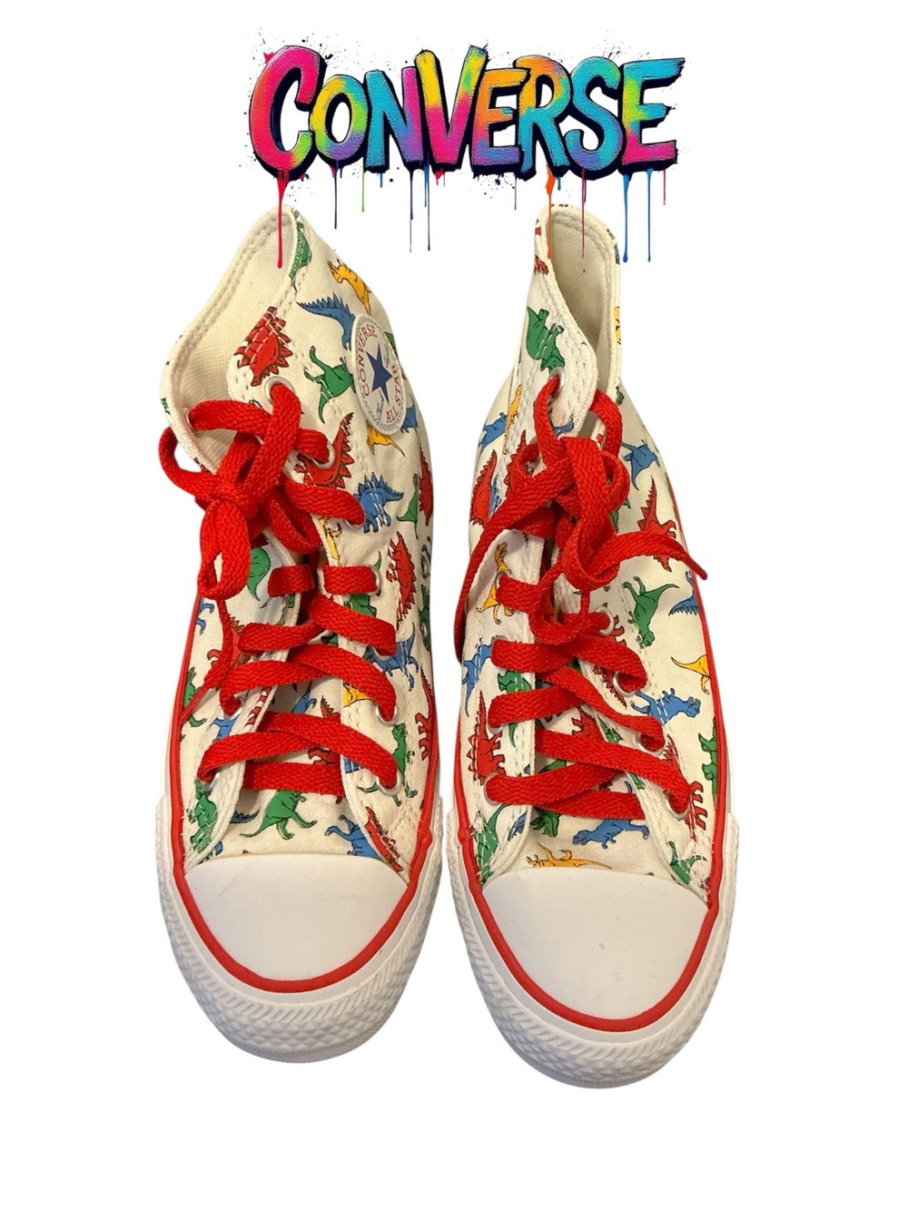 Converse Cream High Tops with Multicolor Dinosaur Print and Red Laces